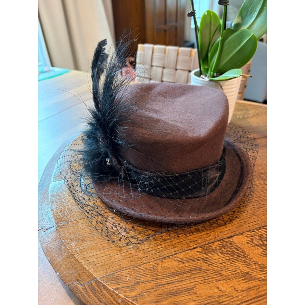 Brown Michael Howard Women’s Felt Dress Hat with Black Feather Trim